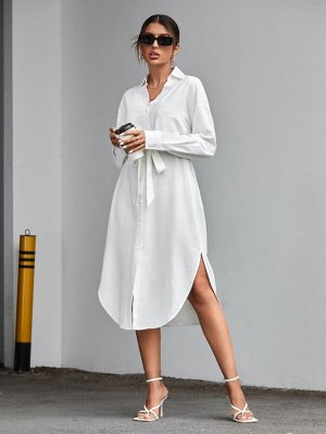 Платье-рубашка с заплаткой с карманом с изогнутым подолом с поясом