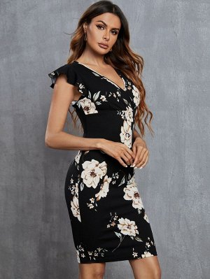 Облегающее платье с цветочным принтом с рукавами-бабочками
