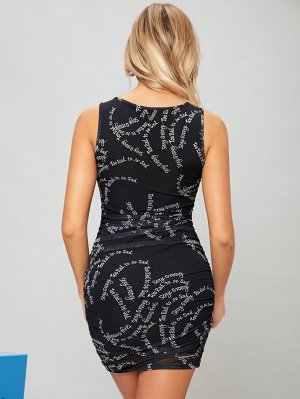 Облегающее платье с текстовым принтом сетчатый
