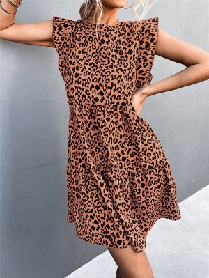 Платье с леопардовым принтом с рукавами-бабочками с оборками