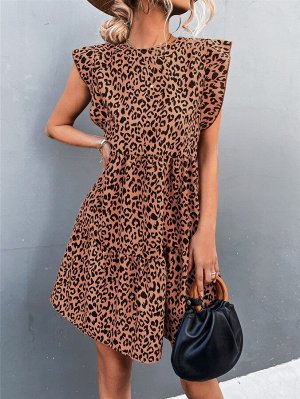 Платье с леопардовым принтом с рукавами-бабочками с оборками