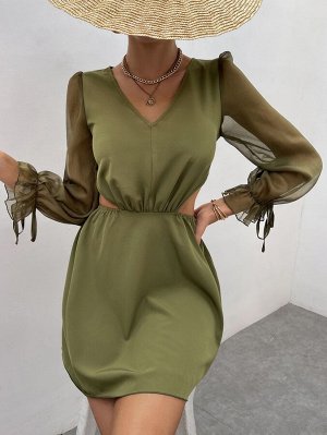 Платье контрастный сетчатый с рукавами-воланами с разрезом