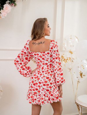 D&M Платье А-силуэта с цветочным принтом с поясом с глубоким декольте