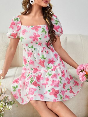 Платье с квадратным воротником с цветочным принтом с оборками