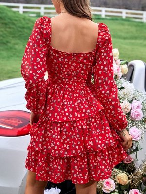 Платье случайный с цветочным принтом с рукавами-фонариками с глубоким декольте многослойный