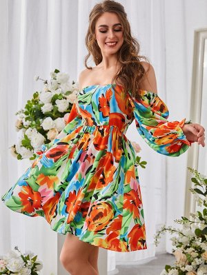 SBetro Платье с цветочным принтом с рукавами-воланами с квадратным воротником