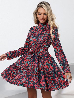 Платье с поясом с цветочным принтом