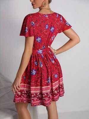 Платье с цветочным принтом с рукавами-бабочками с поясом