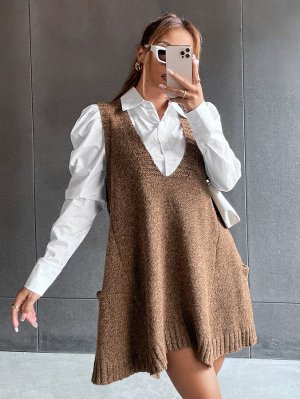 Платье-свитер без рукавов с карманами и v-образным воротником