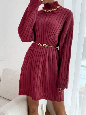 Платье-свитер с высоким воротником в рубчик без пояса