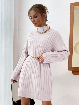 Платье-свитер с высоким воротником вязаный в рубчик без пояса