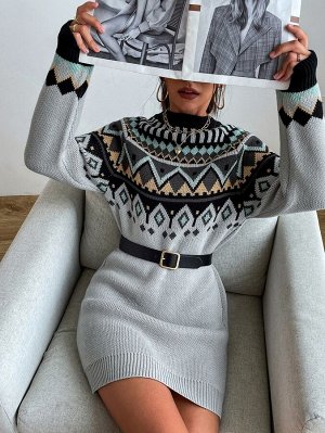 Платье-свитер с оригинальным принтом без пояса
