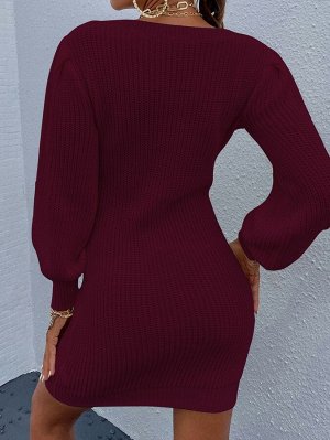 Вязаное платье-свитер с рукавами-фонариками в рубчик без пояса