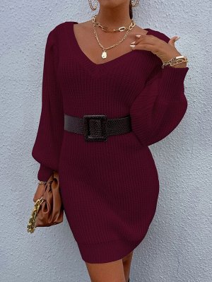 Вязаное платье-свитер с рукавами-фонариками в рубчик без пояса