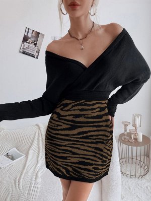 Платье-свитер с узором зебры с рукавами "летучая мышь" с высокой талией