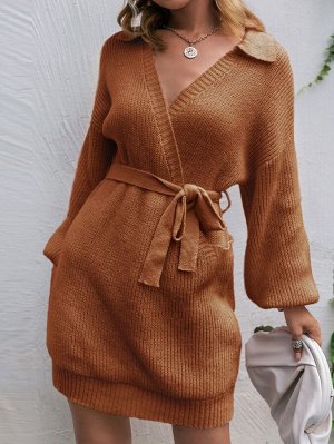 Simplee Платье-свитер с рукавами-фонариками с поясом