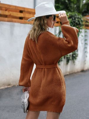 Simplee Платье-свитер с рукавами-фонариками с поясом