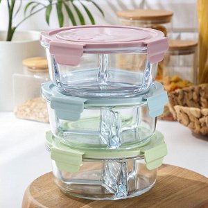 Контейнер из жаропрочного стекла трехсекционный круглый с крышкой Cookn Freeze, 750 мл, 18x7,2 см, цвет МИКС