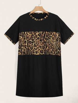 Plus Size Платье-футболка с леопардовым принтом с круглым воротником