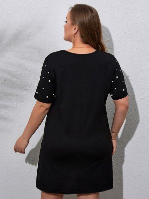 Plus Size Платье-футболка с жемчугом с v-образным вырезом