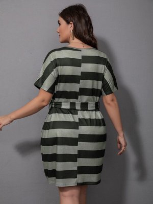 Plus Size Платье с поясом контрастный с рукавами "доломан"