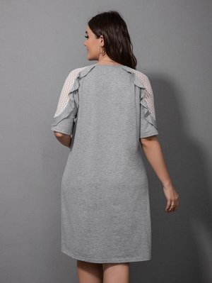 Plus Size Платье-футболка с кружевной отделкой с оборкой с рукавом-реглан