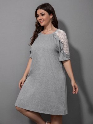Plus Size Платье-футболка с кружевной отделкой с оборкой с рукавом-реглан