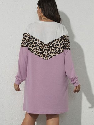 Plus Size Платье-футболка с леопардовым принтом контрастный