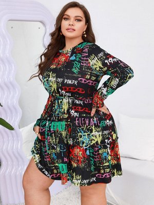 SheIn Plus Size Платье-футболка с графическим принтом и поясом