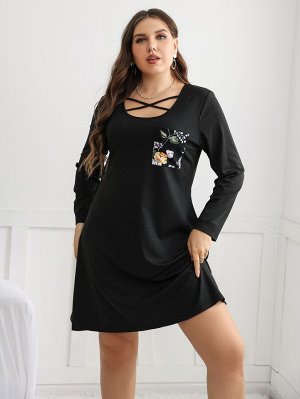 Plus Size Платье-футболка с цветочным рисунком с карманами с заплаткой