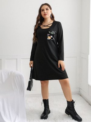 Plus Size Платье-футболка с цветочным рисунком с карманами с заплаткой
