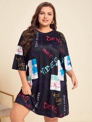 Платье с текстовым и графическим принтом Plus Size