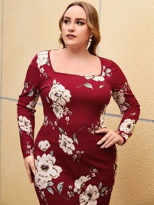 Plus Size Облегающее платье с цветочным принтом с квадратным воротником с разрезом сзади