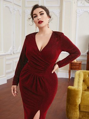 Plus Size Блестящее платье со сборками с v-образным вырезом с высоким разрезом