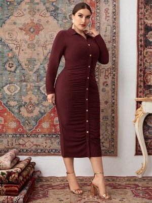 SheIn Plus Size Облегающее платье со сборками на пуговицах