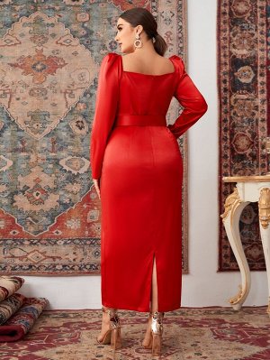 SheIn Plus Size Облегающее платье с разрезом сзади с пышным рукавом с глубоким декольте с поясом