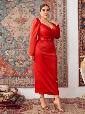 SheIn Plus Size Облегающее платье с разрезом сзади с пышным рукавом с глубоким декольте с поясом