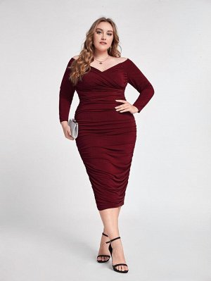 Plus Size Облегающее платье с открытыми плечами со сборками