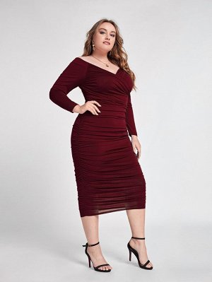 Plus Size Облегающее платье с открытыми плечами со сборками