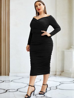 Plus Size Облегающее платье с открытыми плечами со сборками