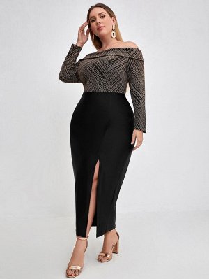 Plus Size Блестящее платье с открытыми плечами и разрезом