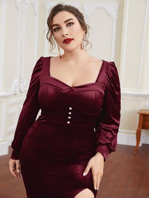 Plus Size Платье с глубоким декольте с рукавами-фонариками с высоким разрезом из бархата