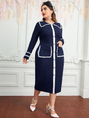 Plus Size Облегающее платье с карманами с кружевной отделкой с разрезом сзади
