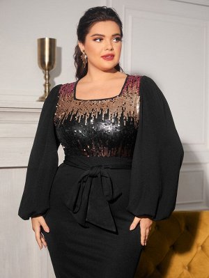 Plus Size Платье с поясом и рукавами-фонариками