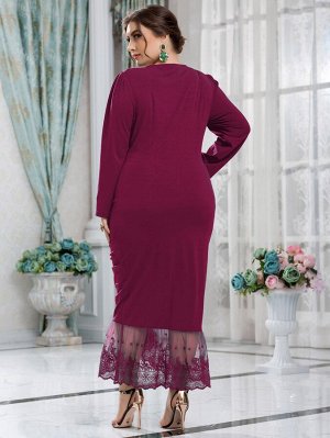 Plus Size Платье-русалка с пышным рукавом со сборкой вышивкой