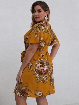 Платье с поясом с глубоким вырезом с цветочным принтом Plus Size