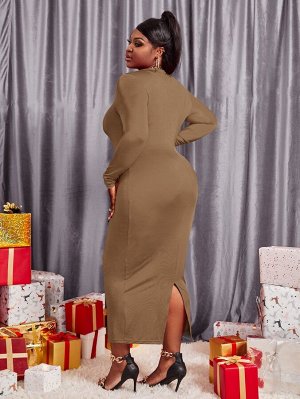 SXY Plus Size Облегающее платье с разрезом сзади с воротником-стойкой
