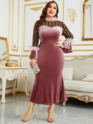 Plus Size Платье из плюша контрастный из бархата