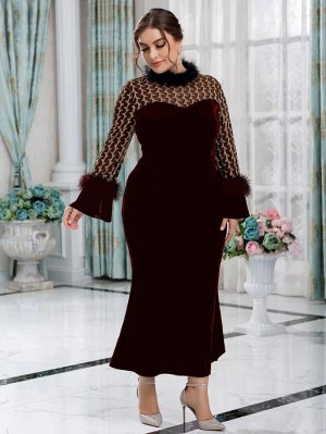 Plus Size Платье из плюша контрастный из бархата