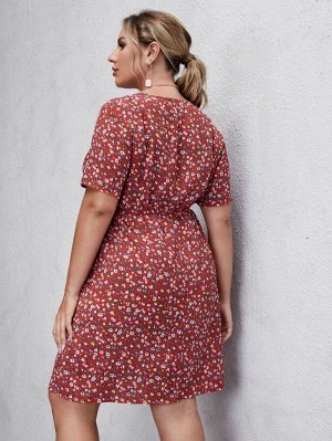 Plus Size Платье А-силуэта с цветочным принтом с v-образным вырезом